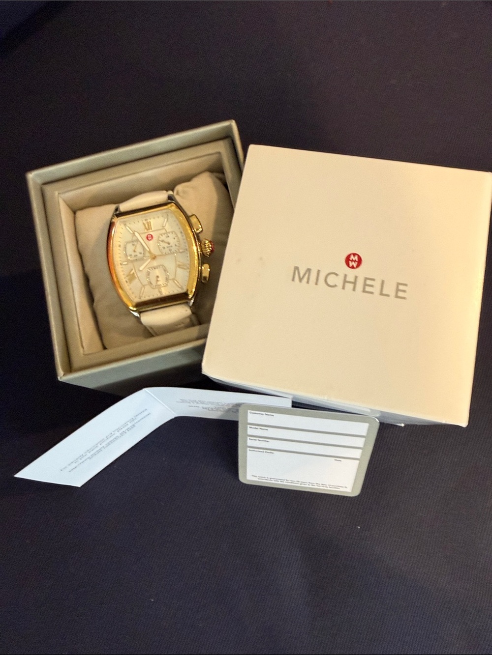Michele Gold-Tone Case with White Dial and White Strap Watch